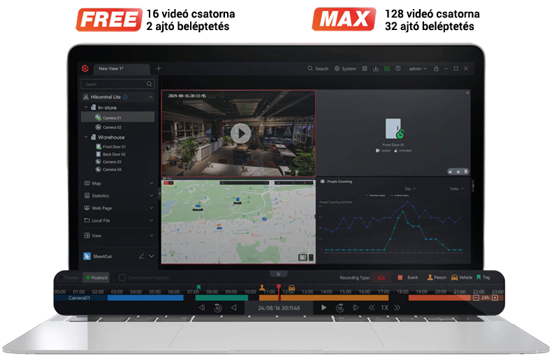A HikCentral Lite rugalmas licencelése: Free csomag 16 videócsatornával és 2 ajtó beléptetéssel, bővíthető Max verzióra 128 csatornáig és 32 ajtóig.