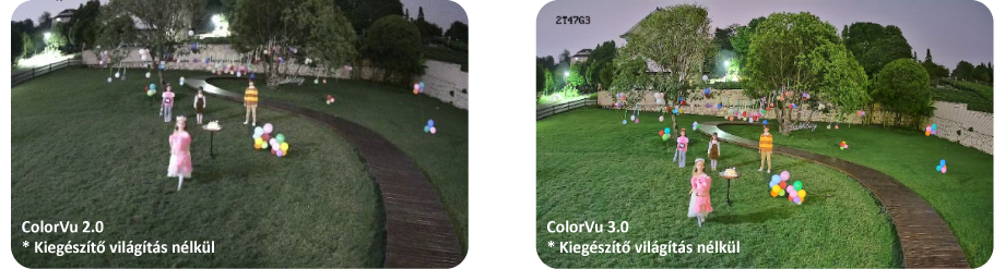 Hikvision ColorVu 2.0 és ColorVu 3.0 kültéri összehasonlítás kiegészítő világítás nélkül – a 3.0 modell éjjel is színes képet biztosít.