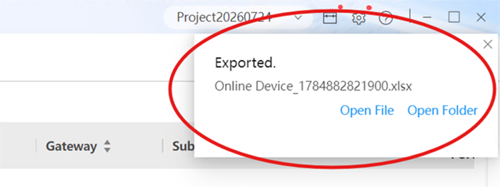 A HiTools Delivery visszaigazolása a Hikvision eszközlista sikeres exportálásáról XLSX formátumba.
