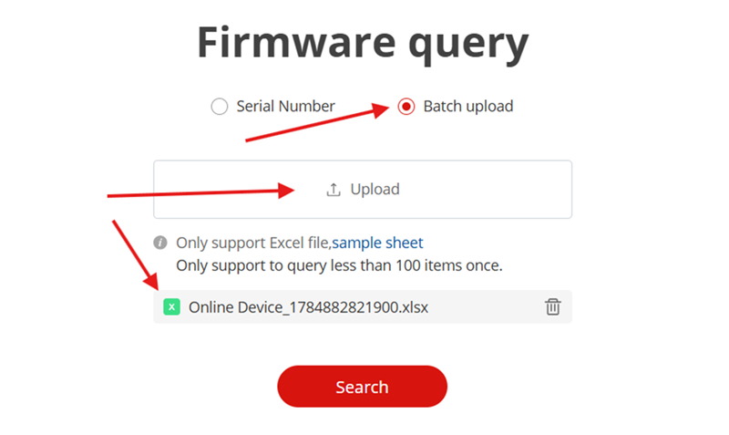 A Hikvision Firmware Query felületén a Batch Upload funkcióval tölthető fel az exportált Excel-fájl a firmware-ellenőrzés elindításához.
