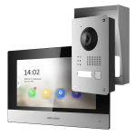 Two-wire IP video intercom kit: outdoor station, black indoor station; rain protection frame