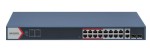 18 portos PoE switch (230 W); 16 PoE + 2 kombinált uplink port; smart menedzselhető