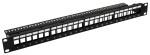 19" keystone patch panel; 24 port; cat5e/cat6/cat6a kompatibilis; árnyékolatlan; tehermentesítővel